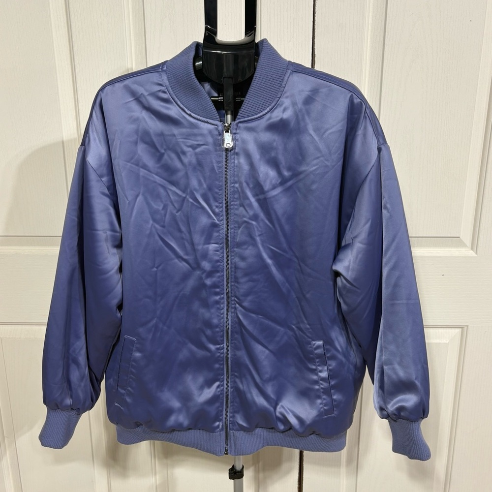 Steve Madden Blue Ice Satin Bomber Jacket Zipper XL Pockets NWT